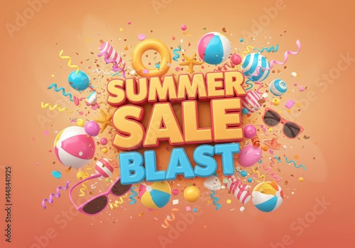 Summer Sale Blast: Beach Ball Bonanza - Celebrate summer savings with this vibrant sale explosion! Beach balls, sunglasses, confetti—it's a party for your wallet. Fun, discounts, summer, excitement