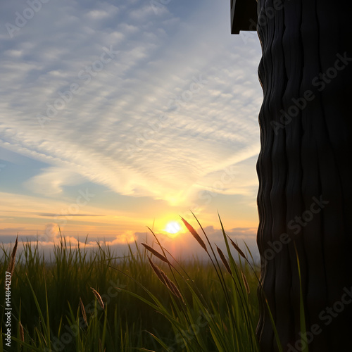 Sunrise over wooden ornamentation. Lush Grass and flowing altostratus clouds.