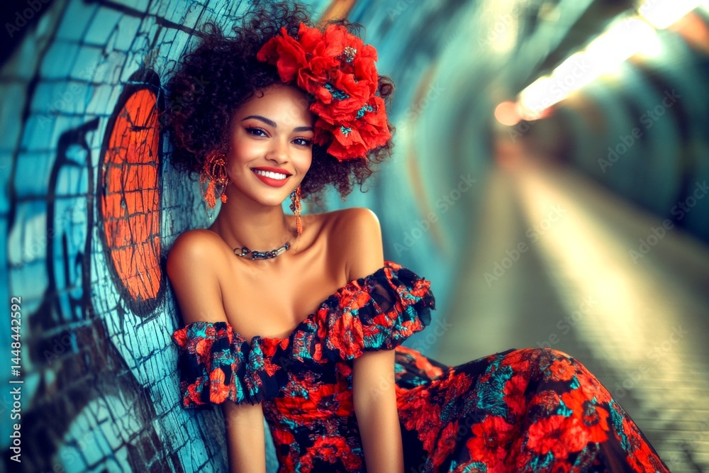 Short trim - highlighted hair. Commercial ad creative. Stunning smiling mixed-race girl - for ads, brochure and social social apps ad use. Model concept portrait. African american ad trend.