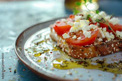 dakos slice of soaked dried bread with tomatoes and cheese, selective focus