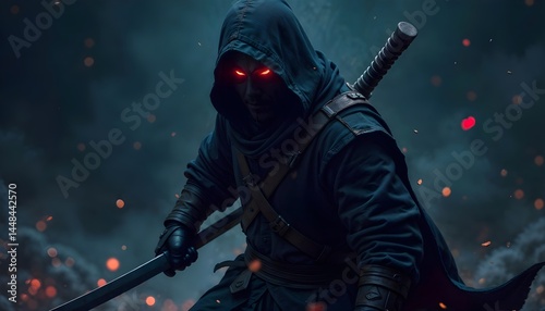 Dark Hooded Ninja Warrior with Glowing Eyes and Katana in Fiery Night Background. 