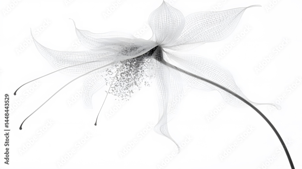 Obraz premium Elegant Monochrome Flower X-Ray Style, Delicate Petals and Stem, Botanical Art