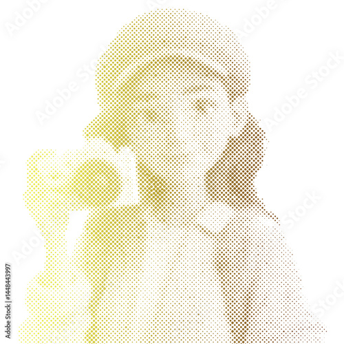 A tourist woman is taking a picture with a camera retro modern halftone cartoon