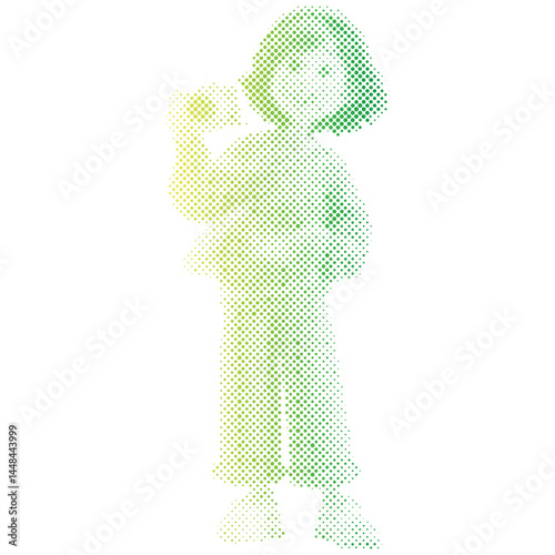 A tourist woman is taking a picture with a camera retro modern halftone cartoon