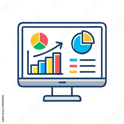 Monitor with Pie and Line Charts Icon Representing Data Analysis and Business Intelligence