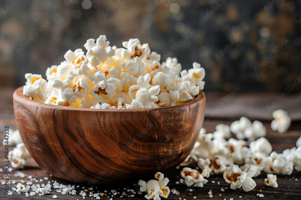 wooden bowl of salted popcorn, selective focus