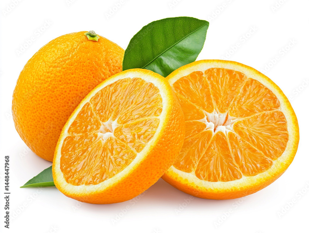 Fototapeta premium A whole orange with attached green leaves and three sliced pieces, highlighting its vibrant color, juicy texture, and fresh, natural appeal against a clean white backdrop. 