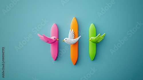 Colorful Bird Decorations on Vibrant Background Surface