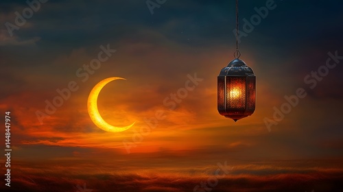 Ramadan Lantern Sunset Crescent Moon,   Spiritual Night Scene