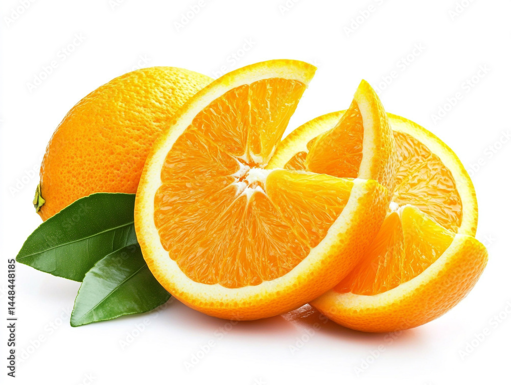 Fototapeta premium A whole orange with attached green leaves and three sliced pieces, highlighting its vibrant color, juicy texture, and fresh, natural appeal against a clean white backdrop. 