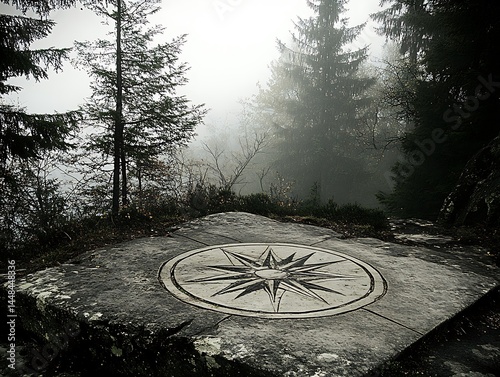 enormous ancient compass rose etched into a misty valley