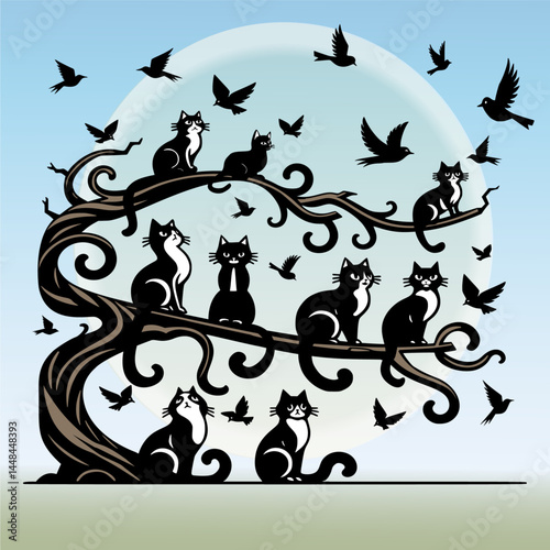 illustration of black and white cats sitting on tree branches with birds flying around them.  Cats, birds and tree all on separate layers.