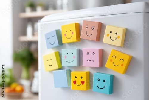 Colorful square magnets with various smiley faces and emotions are displayed on a refrigerator in a bright, cozy kitchen.