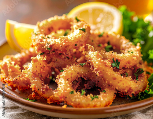 Un plato con apetitosos calamares rebozados y fritos a la romana junto a un trozo de limón