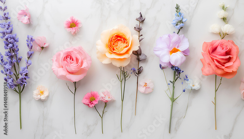 Beautiful flower candles on white marble background, close up