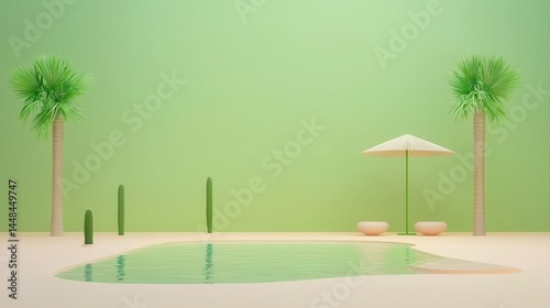 Serene Tropical Pool Scene with Green Background and Palm Trees