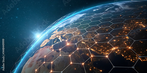 An illustration of Earth from space emphasizing the global network of communication, travel, and connections. 3D rendering.