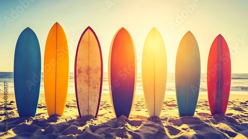 Colorful surfboards on a sandy beach at sunset.