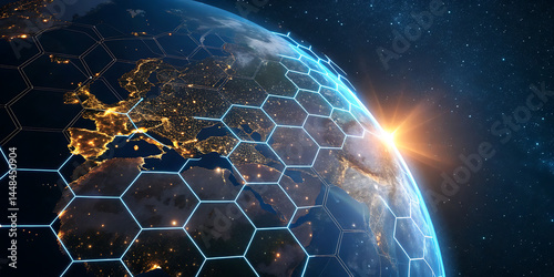 An illustration of Earth from space emphasizing the global network of communication, travel, and connections. 3D rendering.