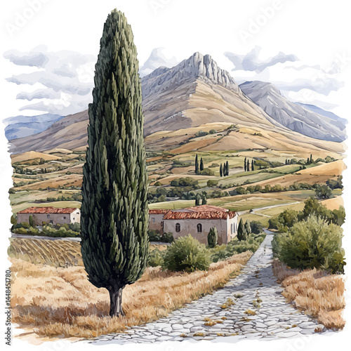 watercolor of Cypress Tree In A Misty Landscape, vector, isolated on a white background.