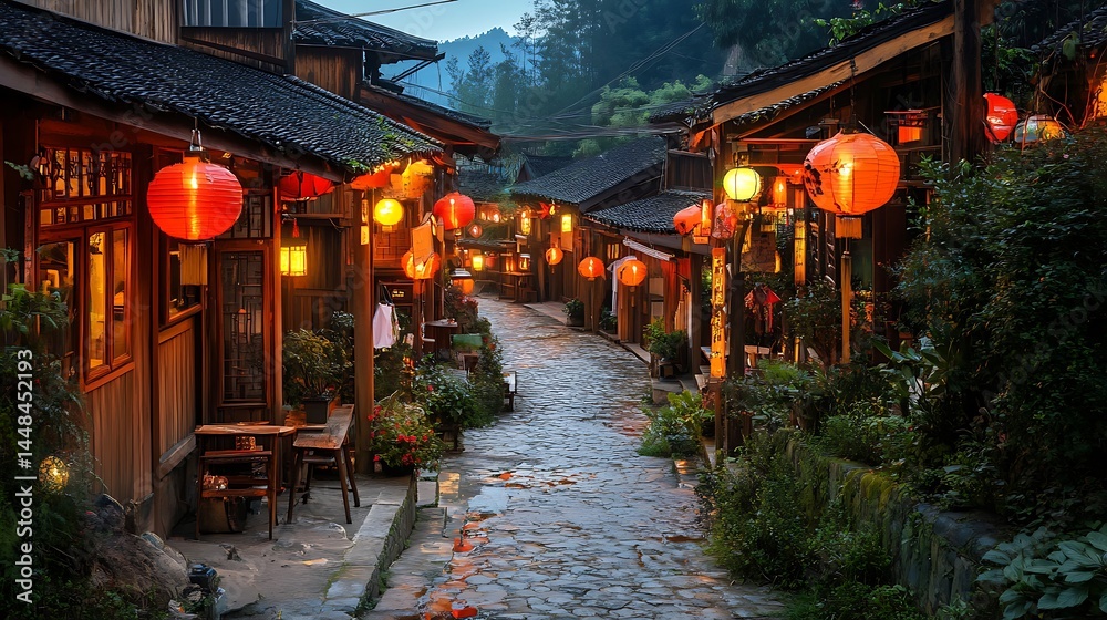 Obraz premium Majestic Chinese temple with red lanterns glowing under evening sky high resolution picture