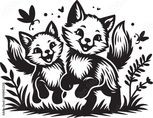 Cute Black and White Fox Illustration with Forest Background. A charming black and white illustration of two adorable baby foxes amidst stylized forest foliage and birds.