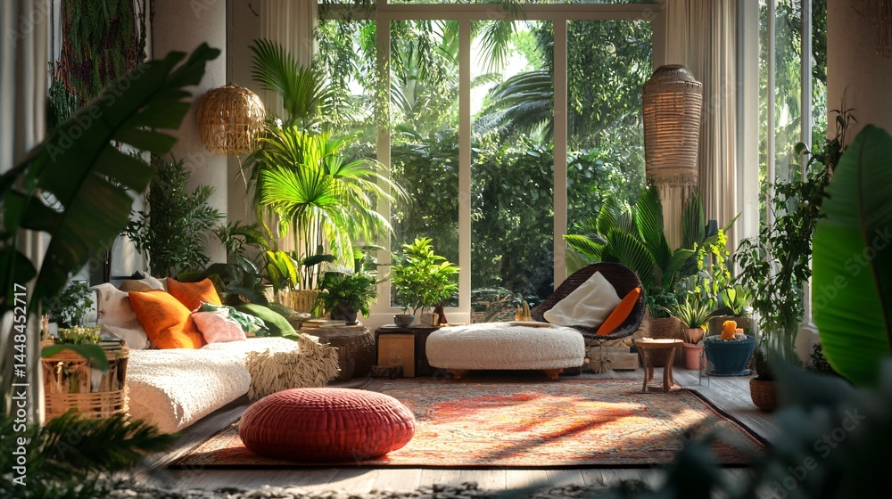 Fototapeta premium Tropical interior design, featuring a relaxing lounge area.