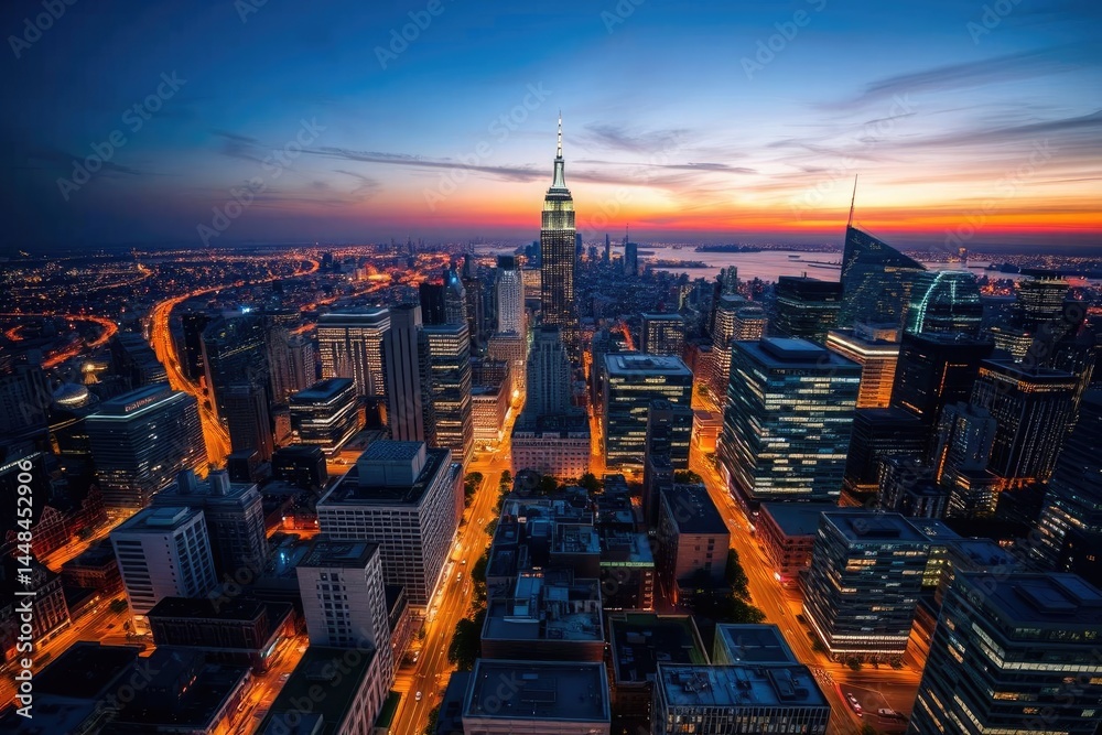 Fototapeta premium Manhattan Skyline: Dusk's Embrace, City Lights Glow