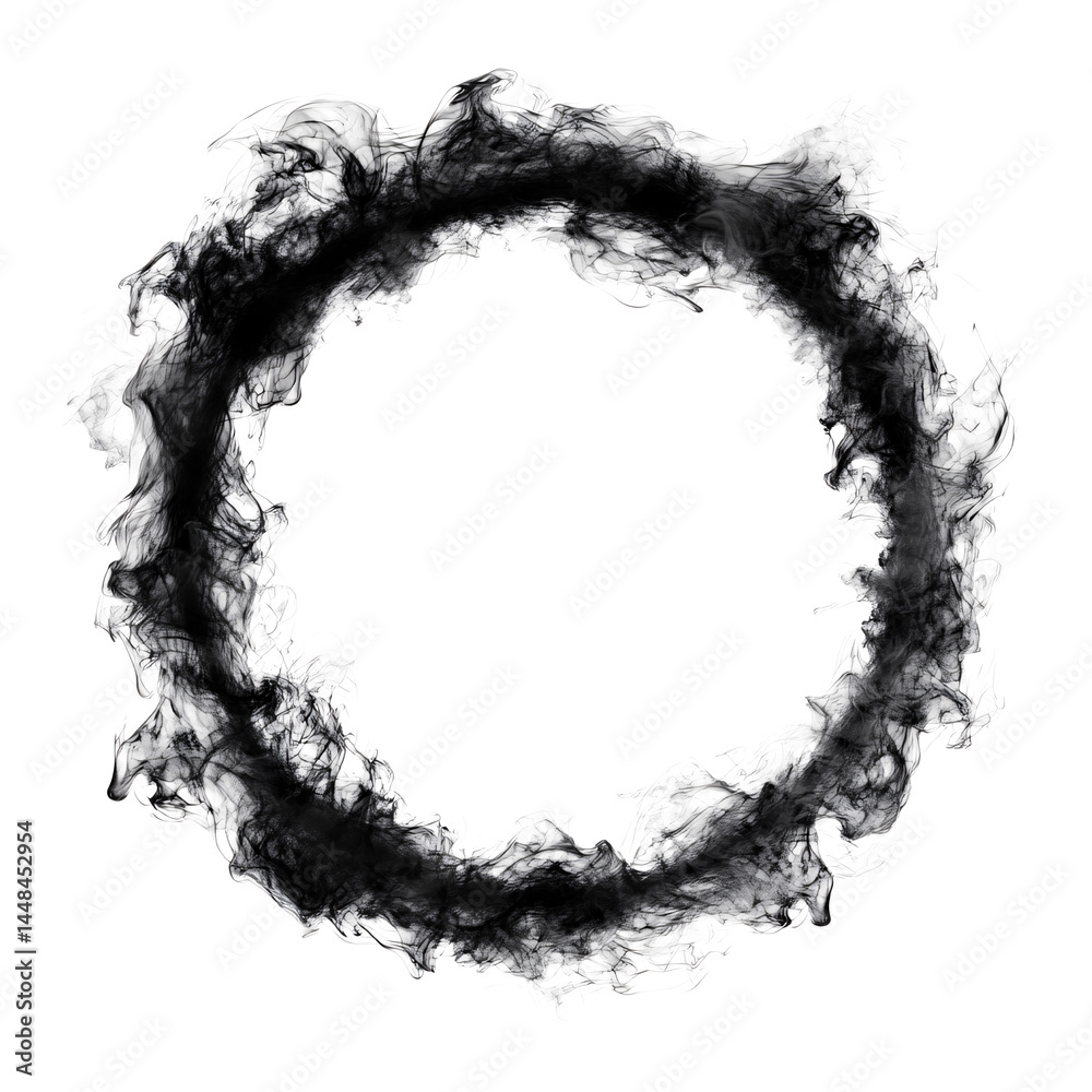Circle of black smoke on transparent background. smoke forms round frame. design element. ink. modern style. minimalism