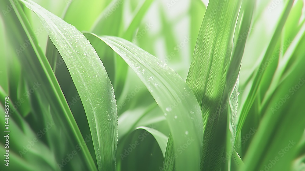 Obraz premium Lush green grass blades with morning dew drops.