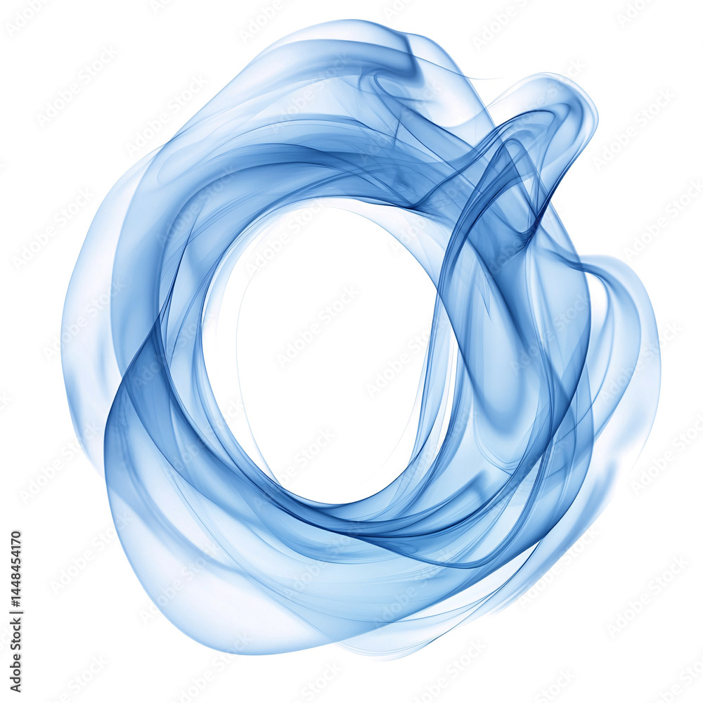 Circle of blue smoke on transparent background. smoke forms round frame. design element. ink. modern style. minimalism