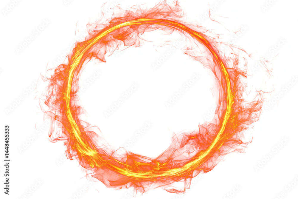 Translucent ring of fire flame on transparent background. Circle of orange fire. Flame forms a round frame. Design element. Modern style. Minimalism