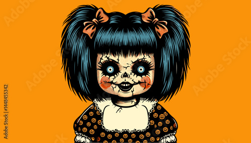 Creepy doll with dark hair in Pop Art style Halloween illustration