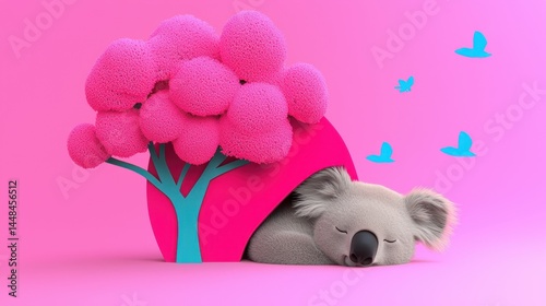 Cute koala sleeping in colorful tree on pink background