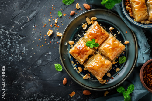 baklava honey with nuts, top view