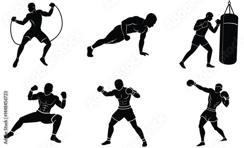 Boxer Workout Silhouette Vector Set – Training Routine, Fitness Exercise, Athletic Preparation