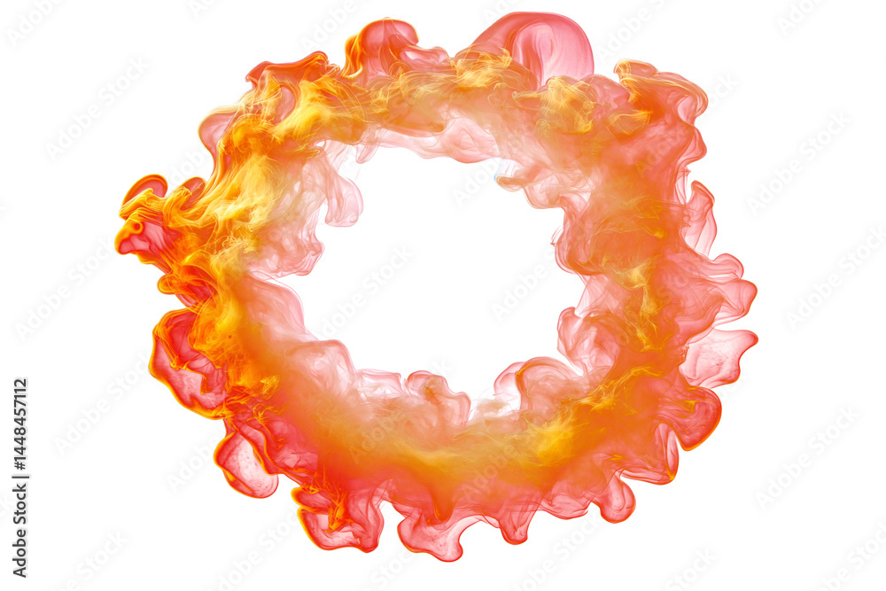 Circle of orange smoke on transparent background. smoke forms round frame. design element. ink. modern style. minimalism