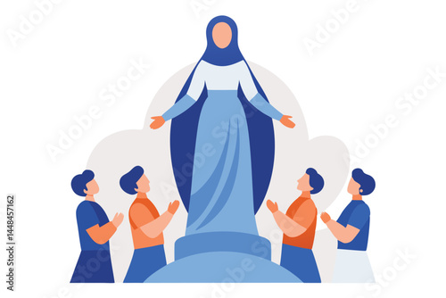 Illustration of a Religious Figure with Worshippers in Blue and Orange Tones