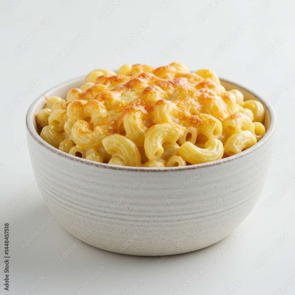 A bowl of creamy macaroni and cheese with a golden brown crust on top served on a white surface A bowl of creamy macaroni and cheese with a golden brown crust on top served on a white surface
