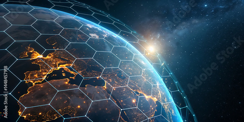 An illustration of Earth from space emphasizing the global network of communication, travel, and connections. 3D rendering.