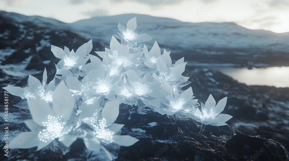 Obraz premium A cluster of glowing white blossoms on a rocky outcrop.