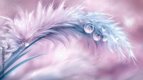 Delicate Feather with Water Drops Pink Purple Background