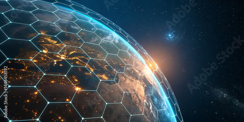 An illustration of Earth from space emphasizing the global network of communication, travel, and connections. 3D rendering.