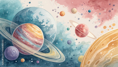 *Abstract Watercolor Planetary Background – Vibrant Cosmic Planets with Depth & Movement, Copy Space* 