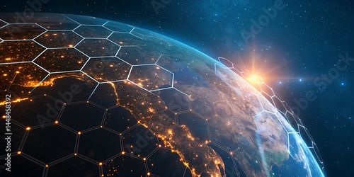 An illustration of Earth from space emphasizing the global network of communication, travel, and connections. 3D rendering.