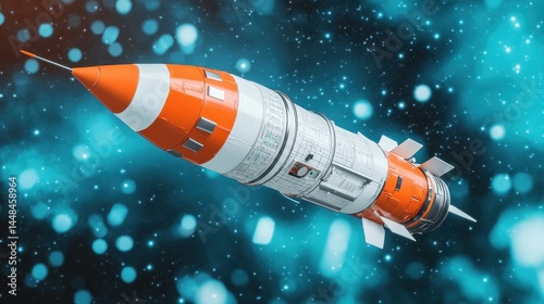 Bright Orange Rocket Launching into Outer Space with Stars
