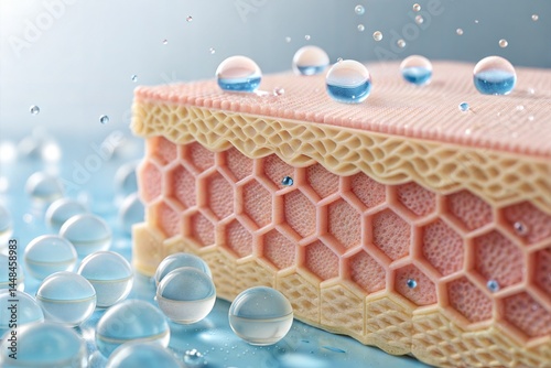 Hydration spheres penetrate human skin with honeycomb structure, showing moisturizing effects on light blue background