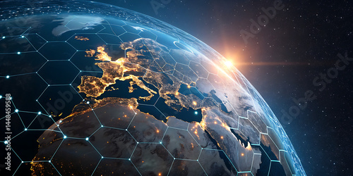 An illustration of Earth from space emphasizing the global network of communication, travel, and connections. 3D rendering.