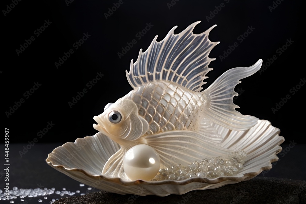Naklejka premium Elegant Semi-Translucent Fish Sculpture with Pearl Center – Artistic Underwater Decor