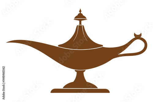 Stylized illustration of a brown magical genie lamp against a white background